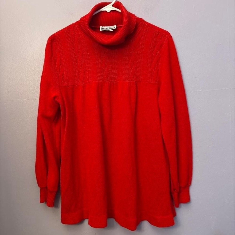 Vintage Great Times Red Turtleneck Sweater Textured Knit Tunic Made in USA Med